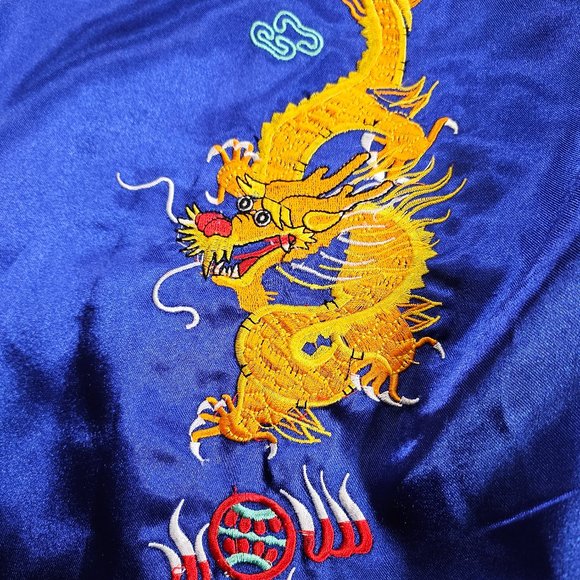 Golden Dragon Unisex Blue Satin Asian Dragon Embroidery Long Bathrobe XL - Picture 9 of 9